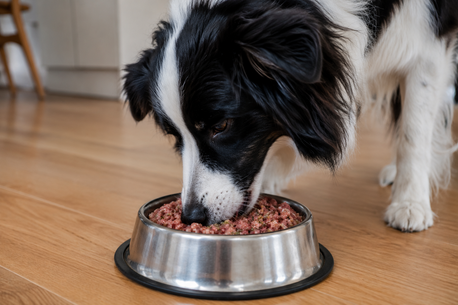 Border collie comiendo comida BARF picada en un cuenco de acero inoxidable