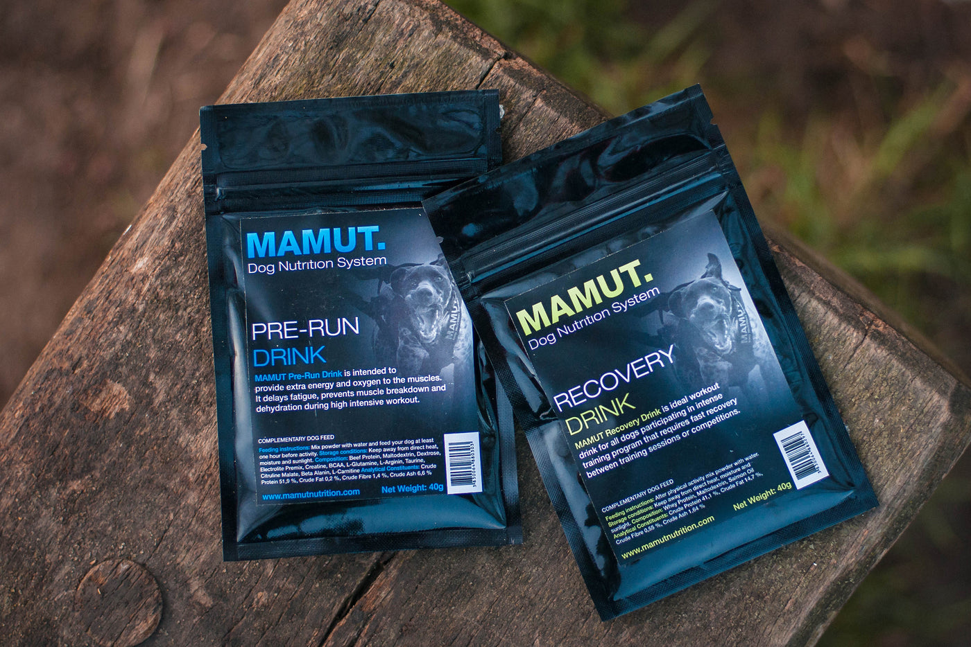 Sobres de Mamut dog nutrition Pre-Run Drink y Recovery Drink